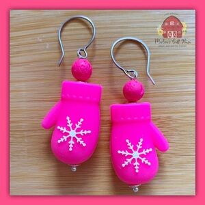 Handmade Neon Pink Mitten Earrings With Snowflakes
